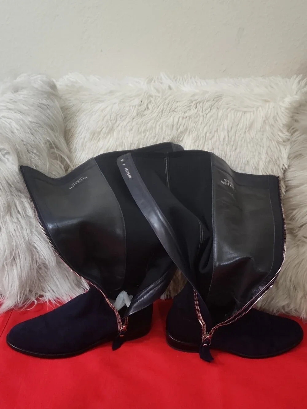 Stuart Weitzman Navy Suede Knee High Boots with Silver Zippers